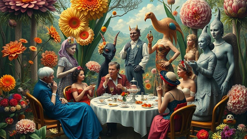 Surreal Garden Party with Towering Flowers