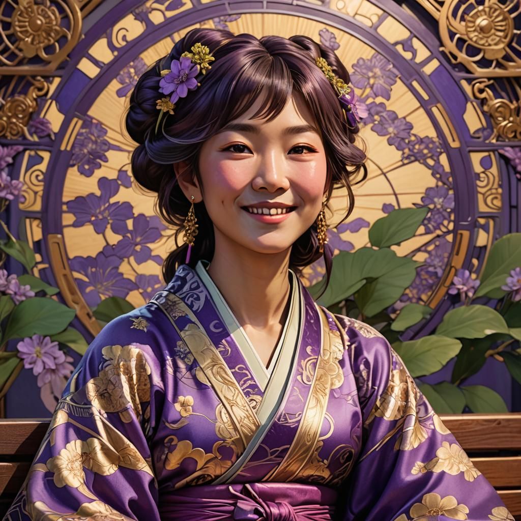Smiling Japanese Woman in Kimono, Art Nouveau Portrait