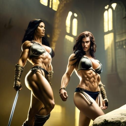 beautiful muscular women in loin torn cloths,exposad hangingbreasts , a masterpiece, 8k resolution, dark fantasy concept...
