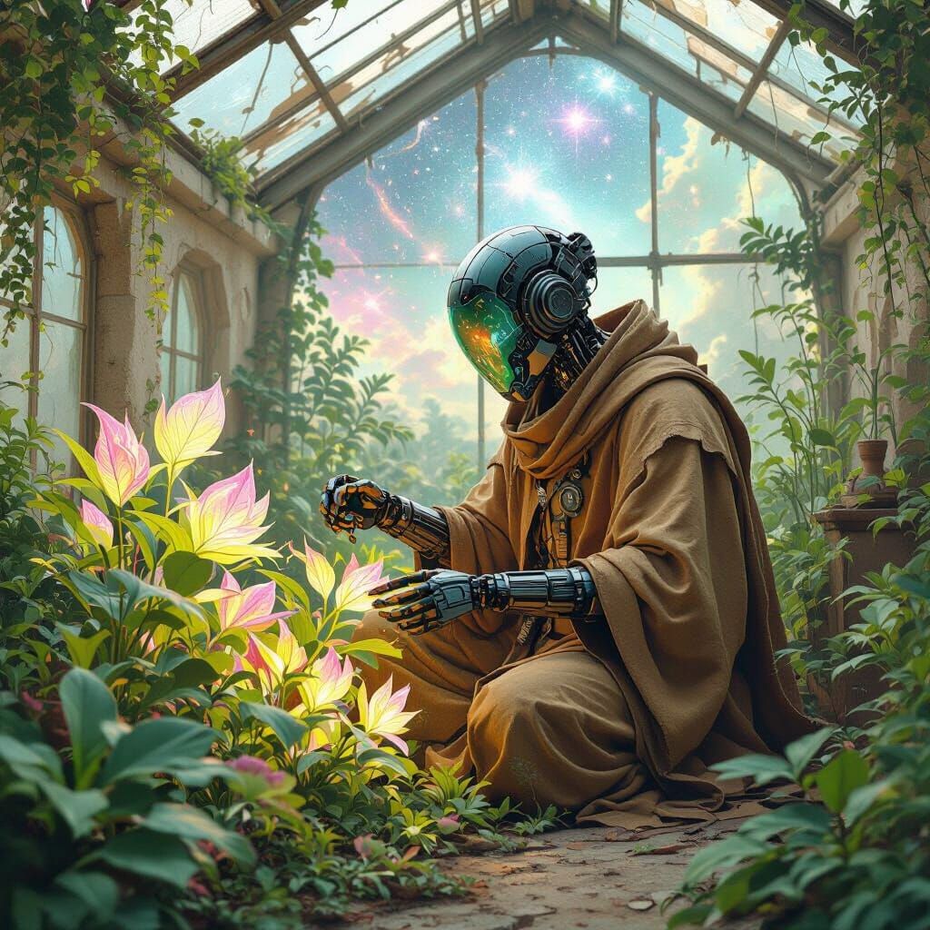 Cyborg Botanist in Glowing Greenhouse Oasis
