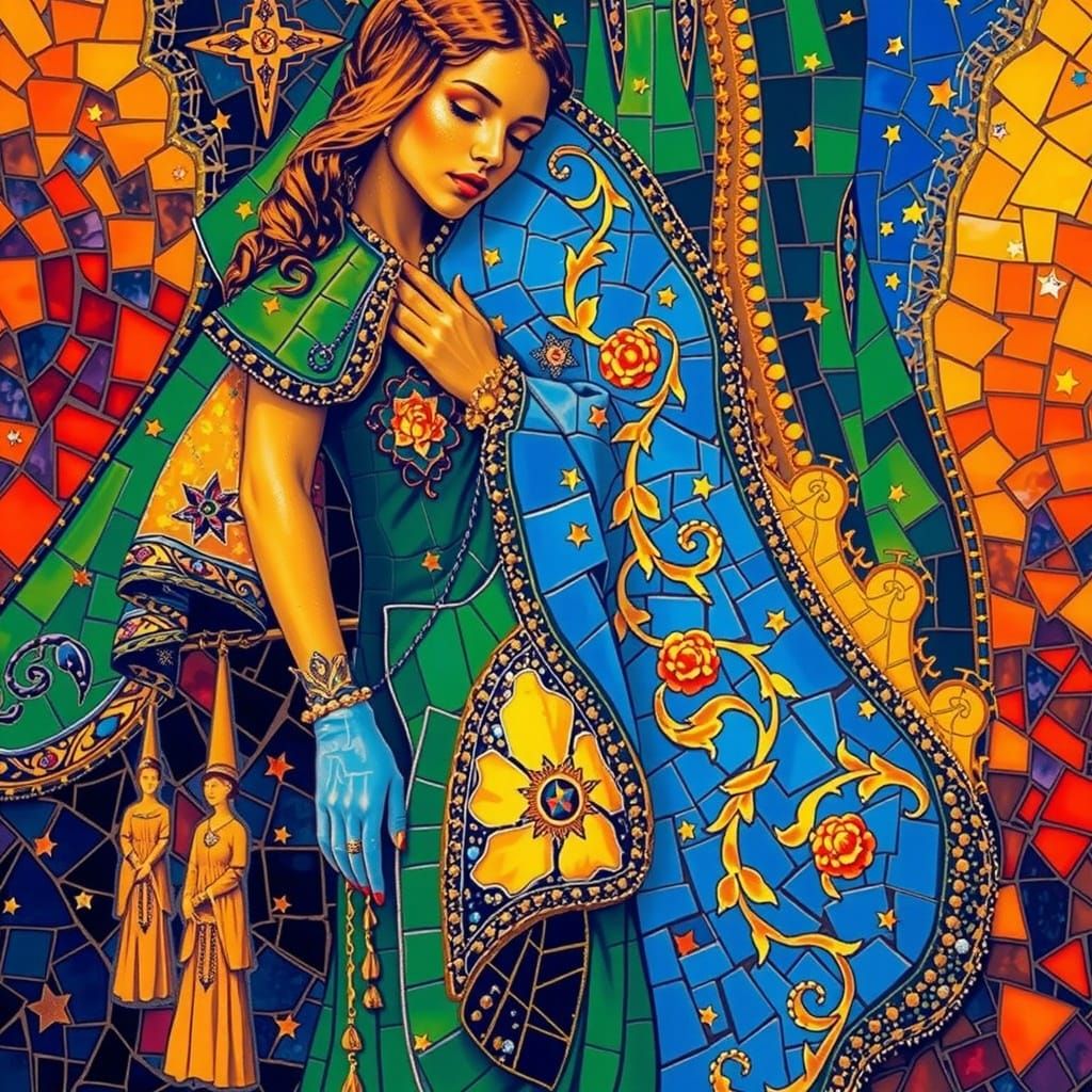 Iridescent Mosaic Woman in Starry Night Sky