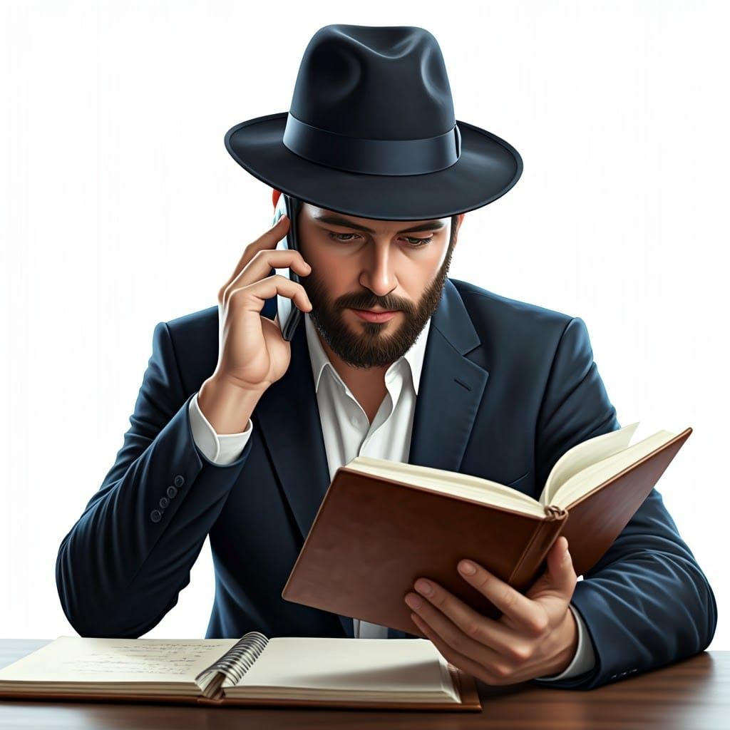 Introspective Hasidic Man Examines Notes Amidst Modern Distr...