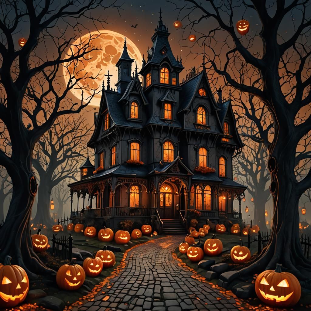 Whimsical Gothic Victorian House on Halloween Night