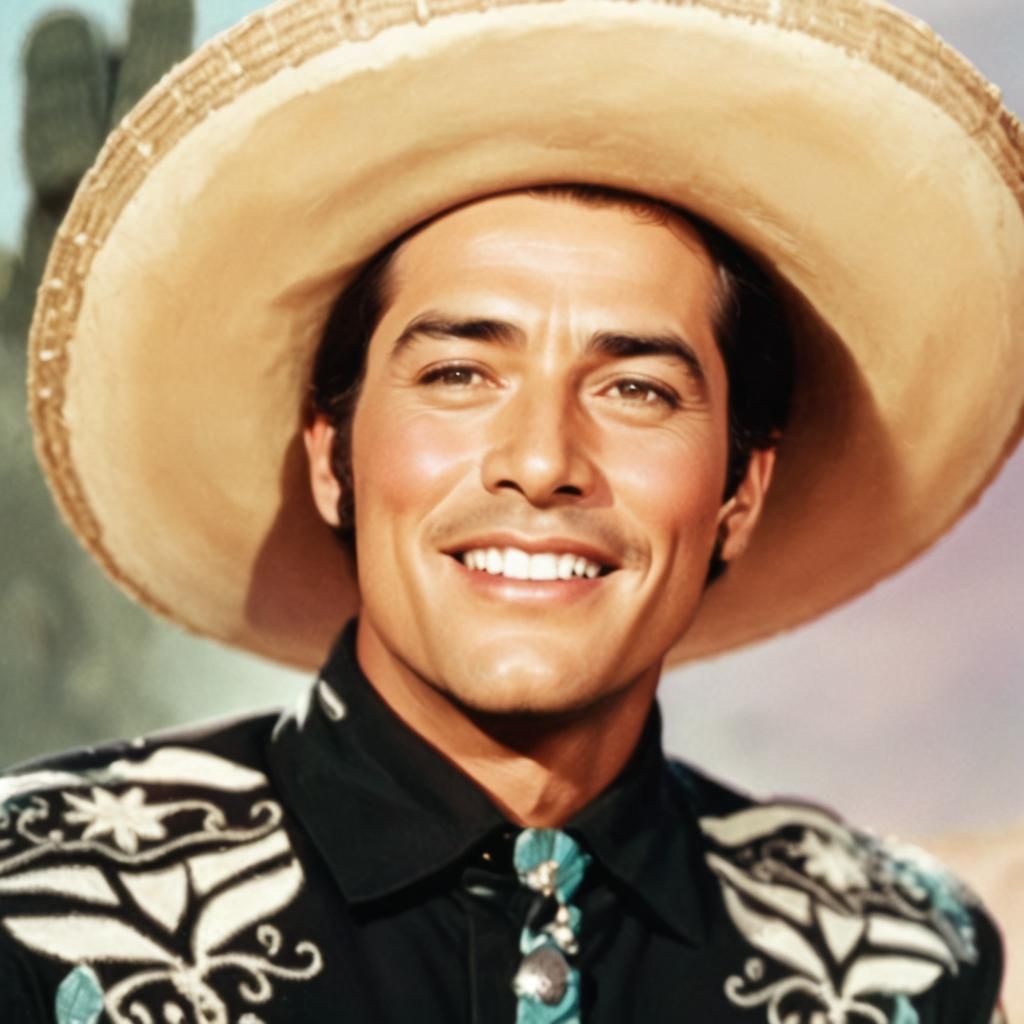 Portrait of the Cisco Kid, from the 1950s Western television series, wearing a huge ornately decorated sombrero and embr...