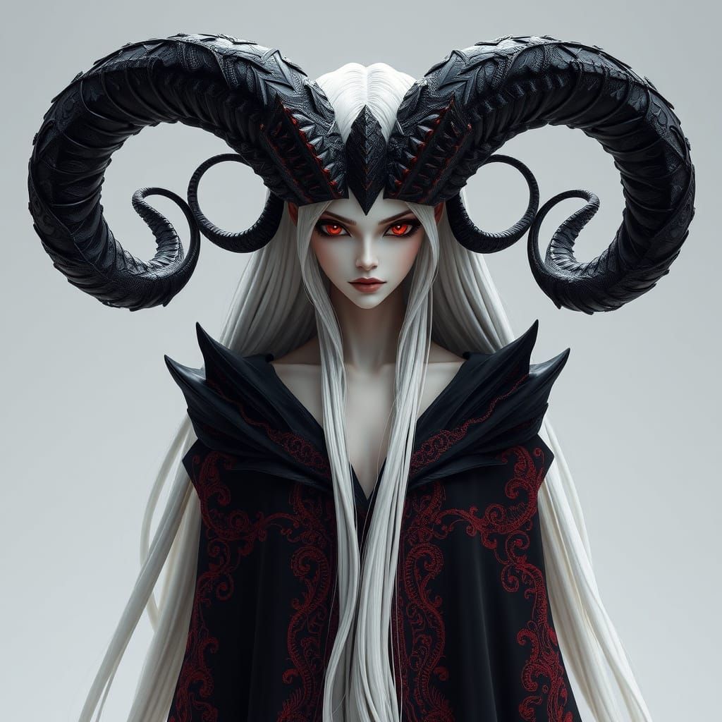 Majestic Primordial Goddess with Twisted Horns and Burning E...