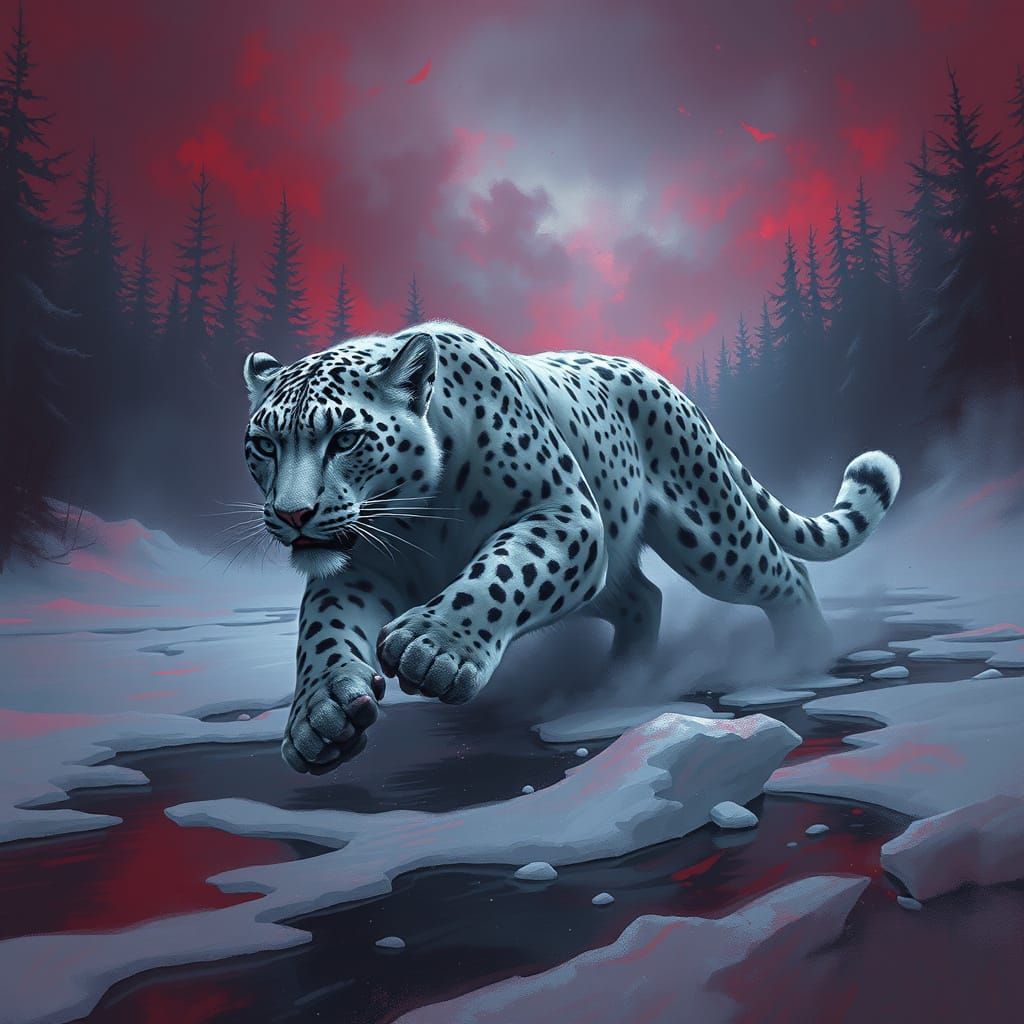 Majestic Snow Leopard Runs Through Crimson Forest