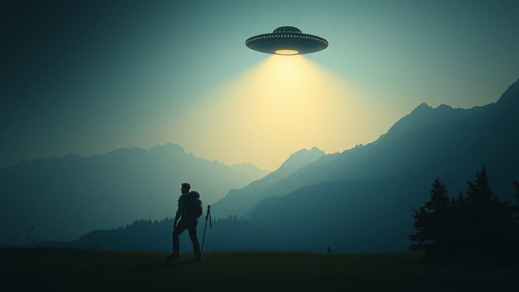 UFO Follows Hiker in Wilderness: Cinematic Film Still