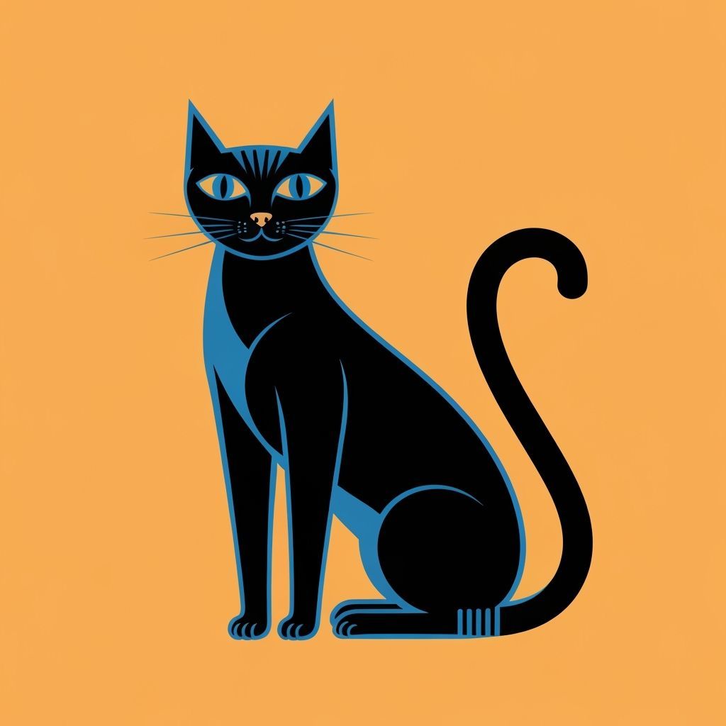 Style of Jan Pienkowski a stylised black and blue cat, 1970s