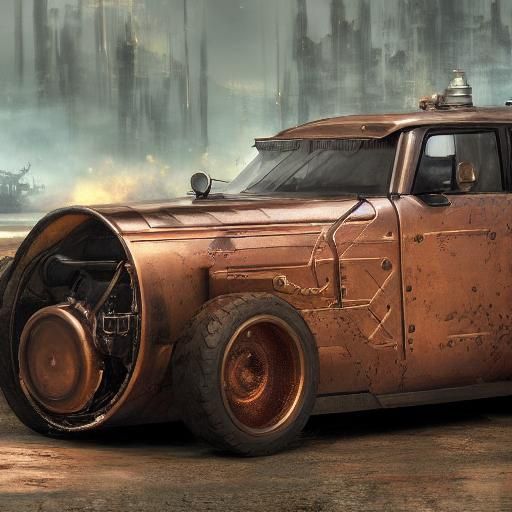 Dystopian Copper Car with Steam Engine, Detailed Matte Paint...