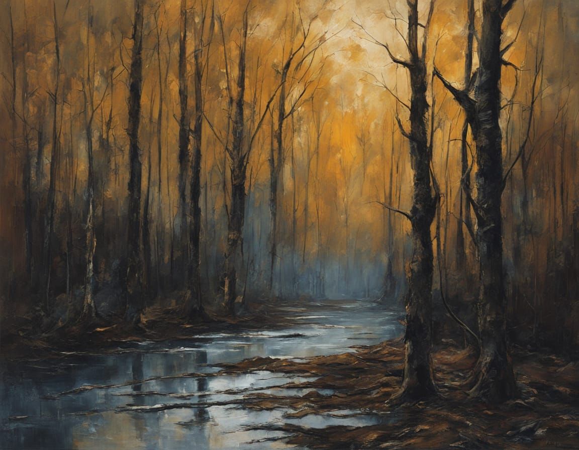 Abstract Forest Oil Painting with Deep Blues and Browns