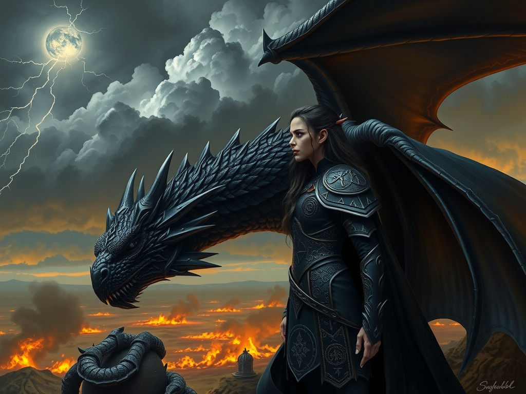 Dark Elf and Dragon Amidst Burning Landscape