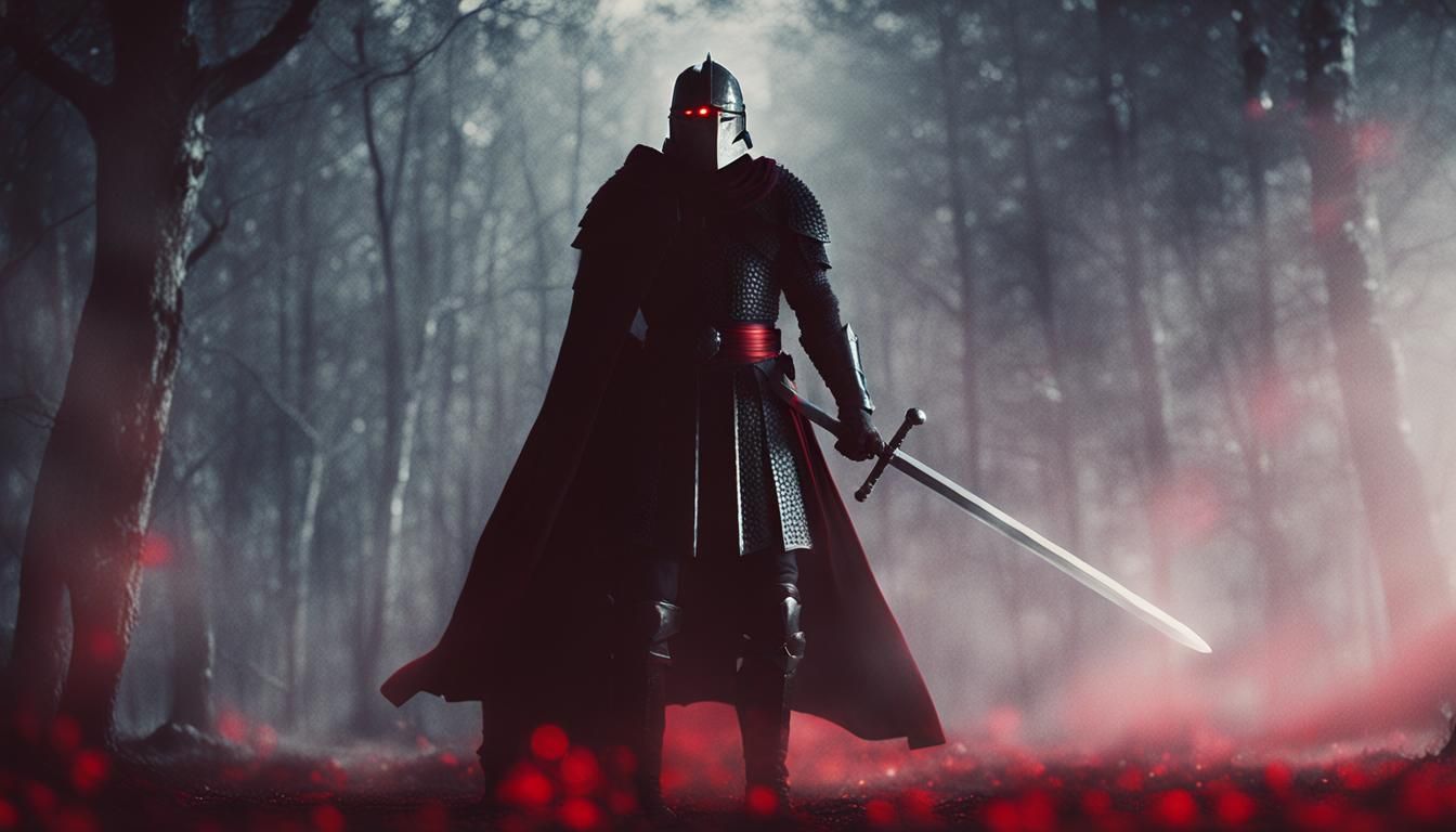 Epic Black Knight with Red Cape and Silver Sword