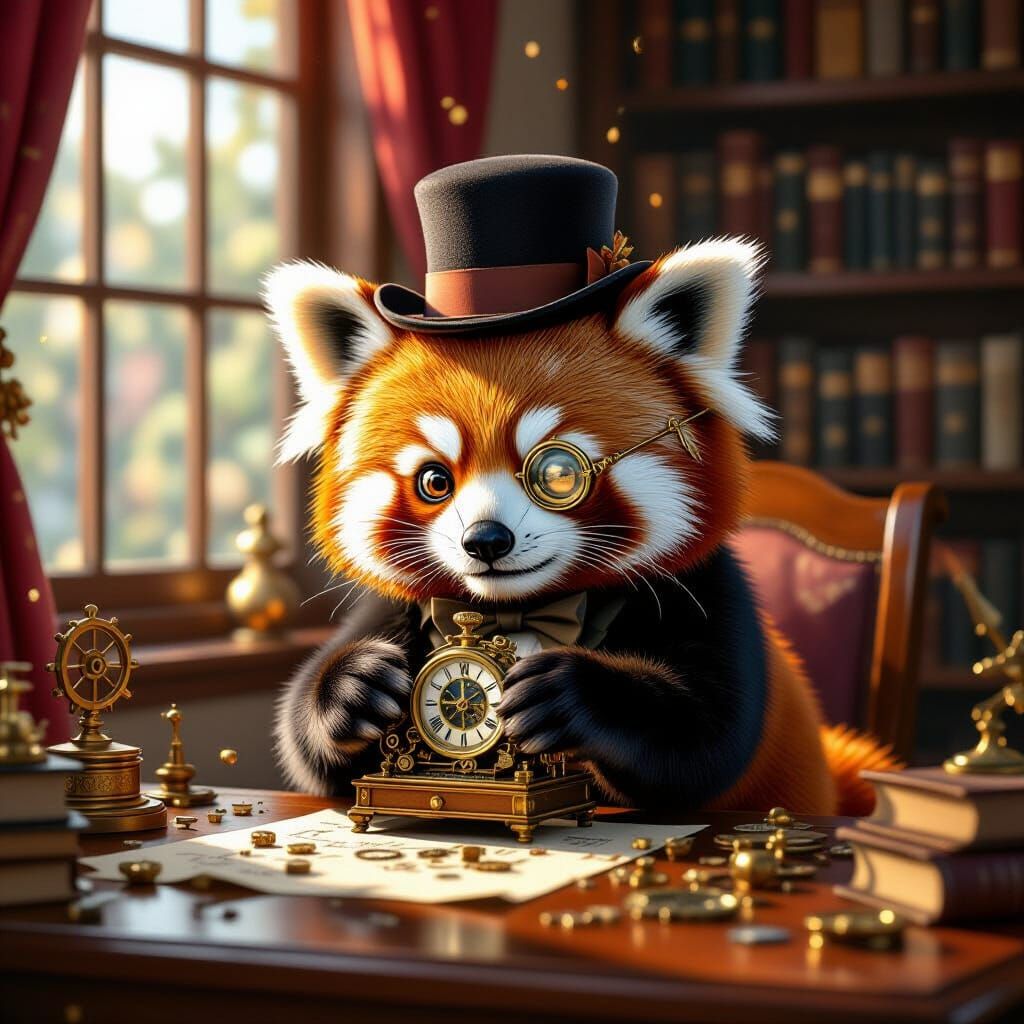 Red Panda Tinkers with Clockwork in Cozy Study