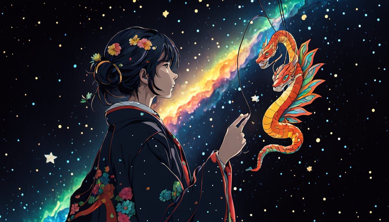 Manga-Inspired Celestial Marionette in Vibrant Colors