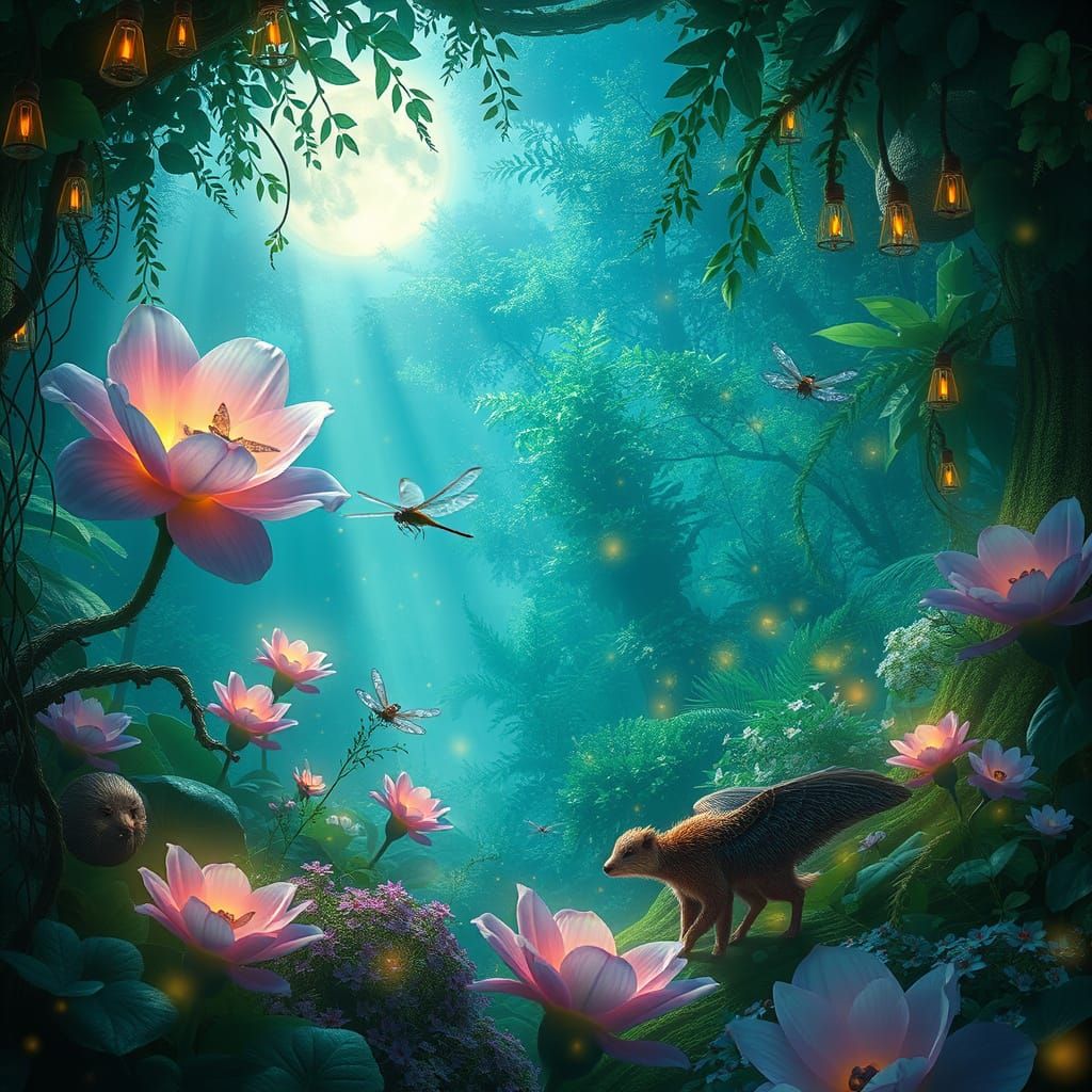 Enchanted Forest Alive with Bioluminescent Flora and Fauna