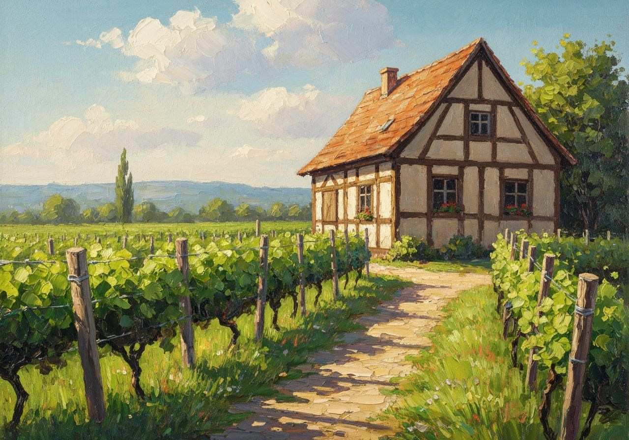 Impasto Oil Painting of Cottage in Idyllic Vineyard