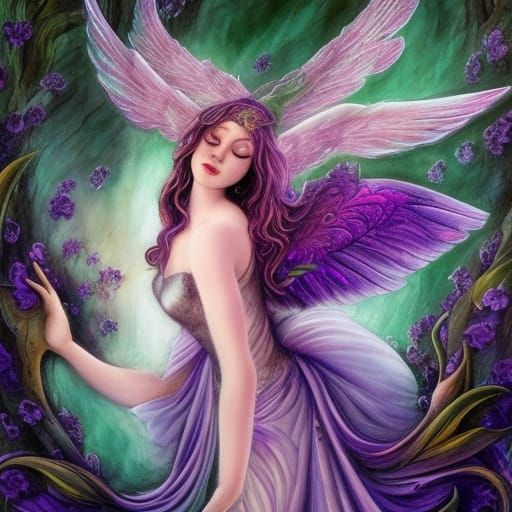 Fae with Purple Wings in Film Noir Style