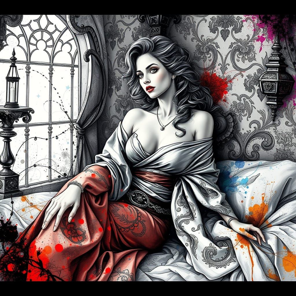 Woman in Silk Gown with Abstract Splashes