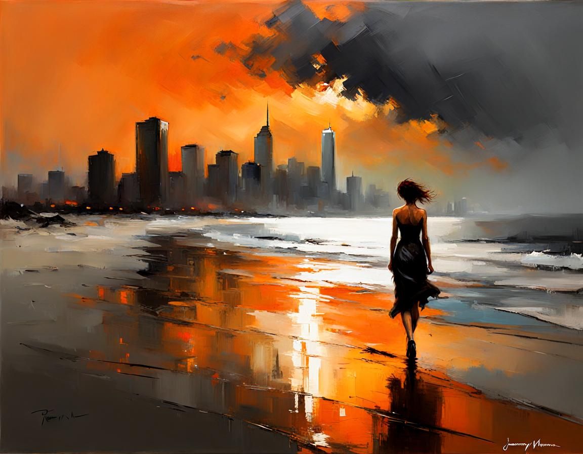 Lonely Woman at Sunset: An Oil Painting