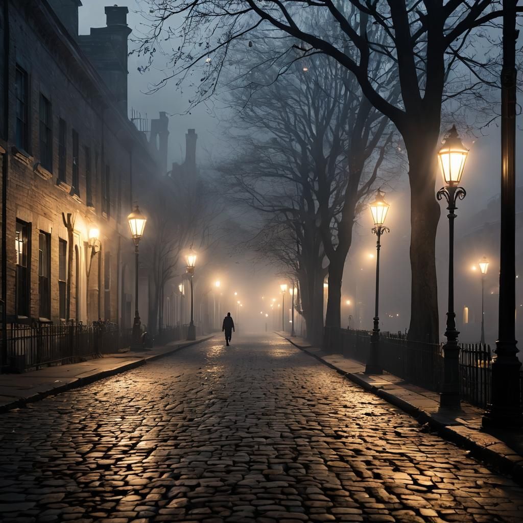 Foggy 19th Century Street Scene with Divine Light