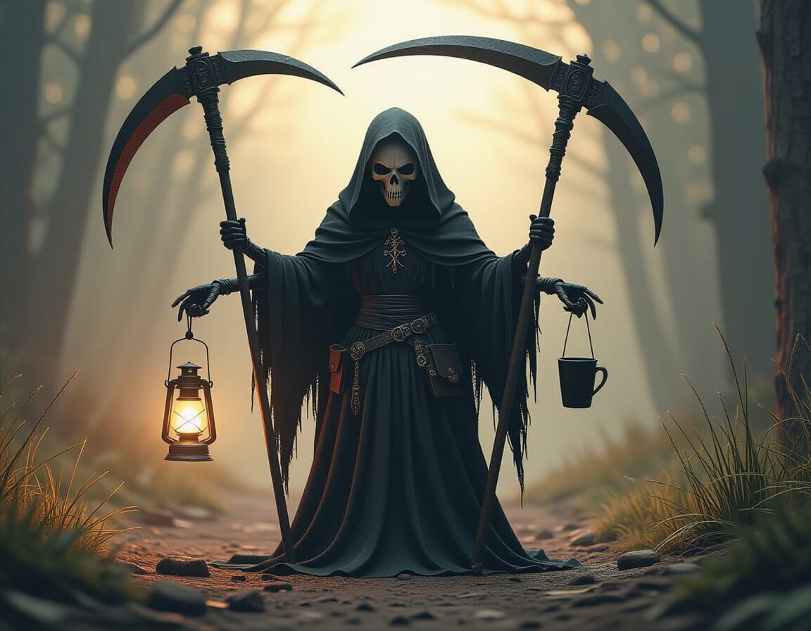 Four-Armed Grim Reaper Figurine with Scythe, Lamp, Machete &...