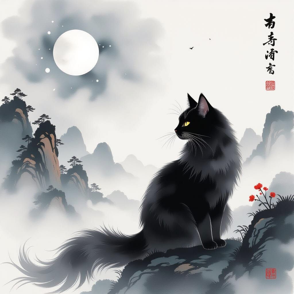 Black Cat with Celestial Ink Fur in Chinese Watercolor Style