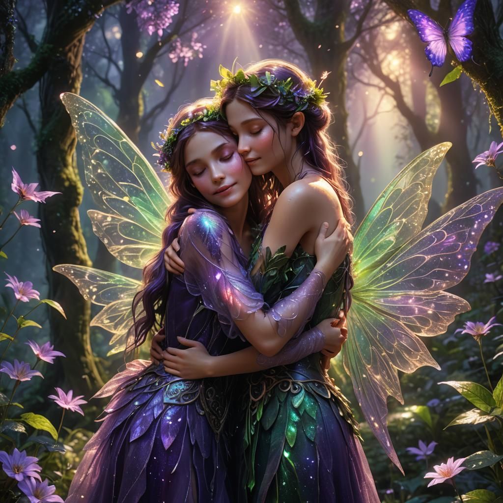 Fairies' Loving Embrace in Mystical Forest