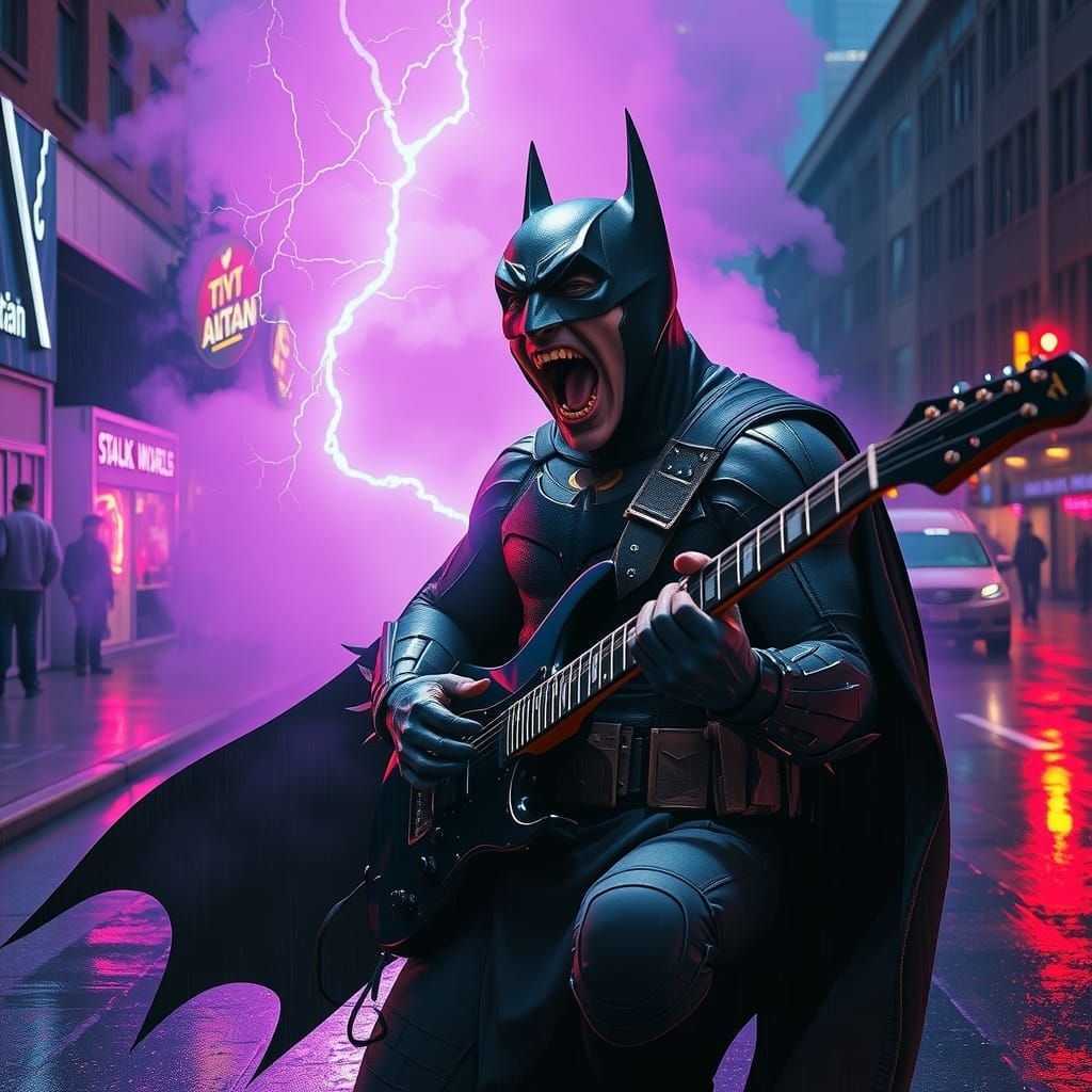 Batman Shreds Guitar in Neon Cyberpunk Cityscape