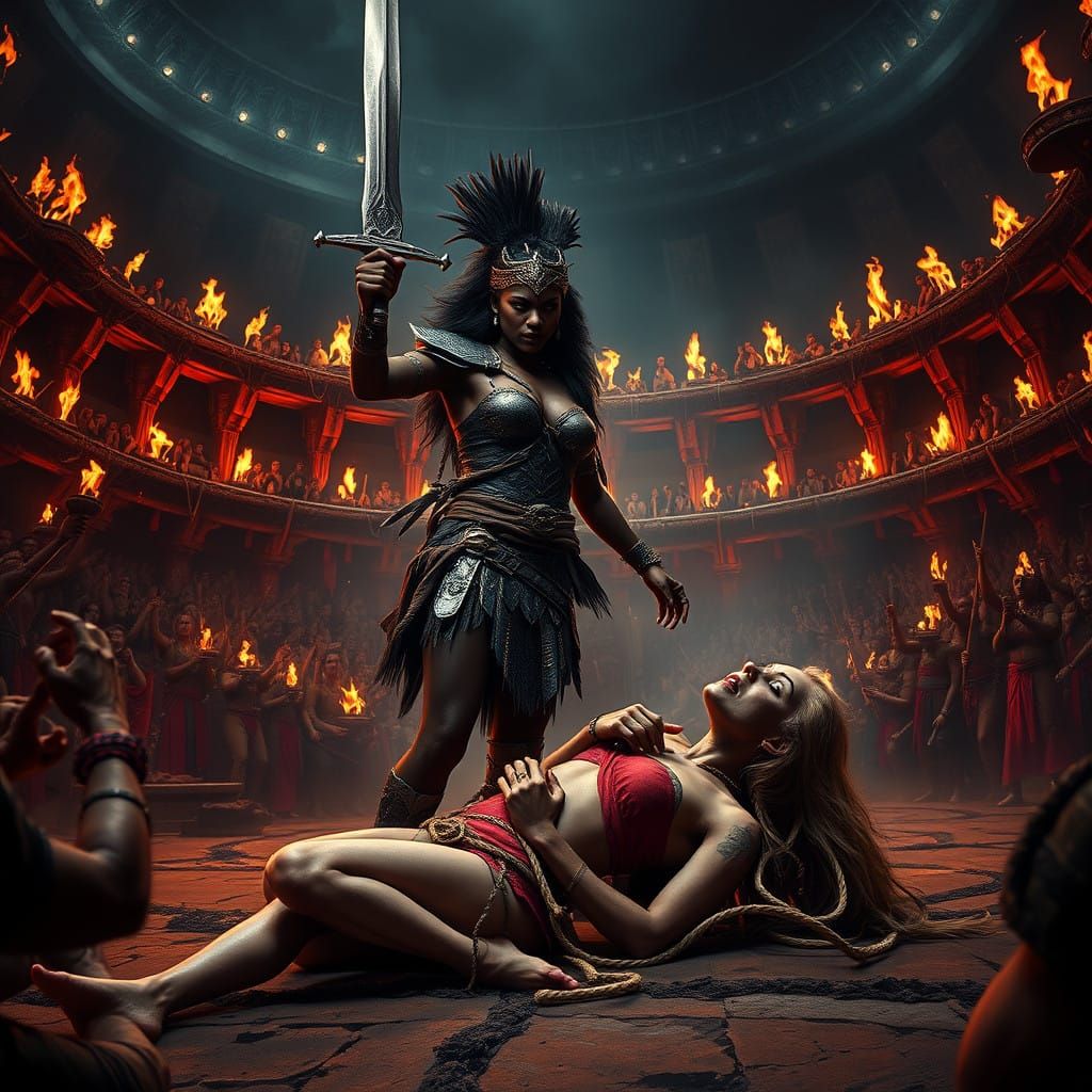 Victorious Amazon Warrior in a Chaotic Arena