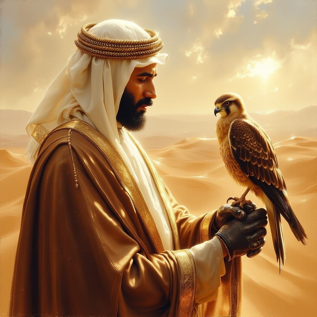 Sheikh Zayed with Falcon in Desert Sunset Oil Painting