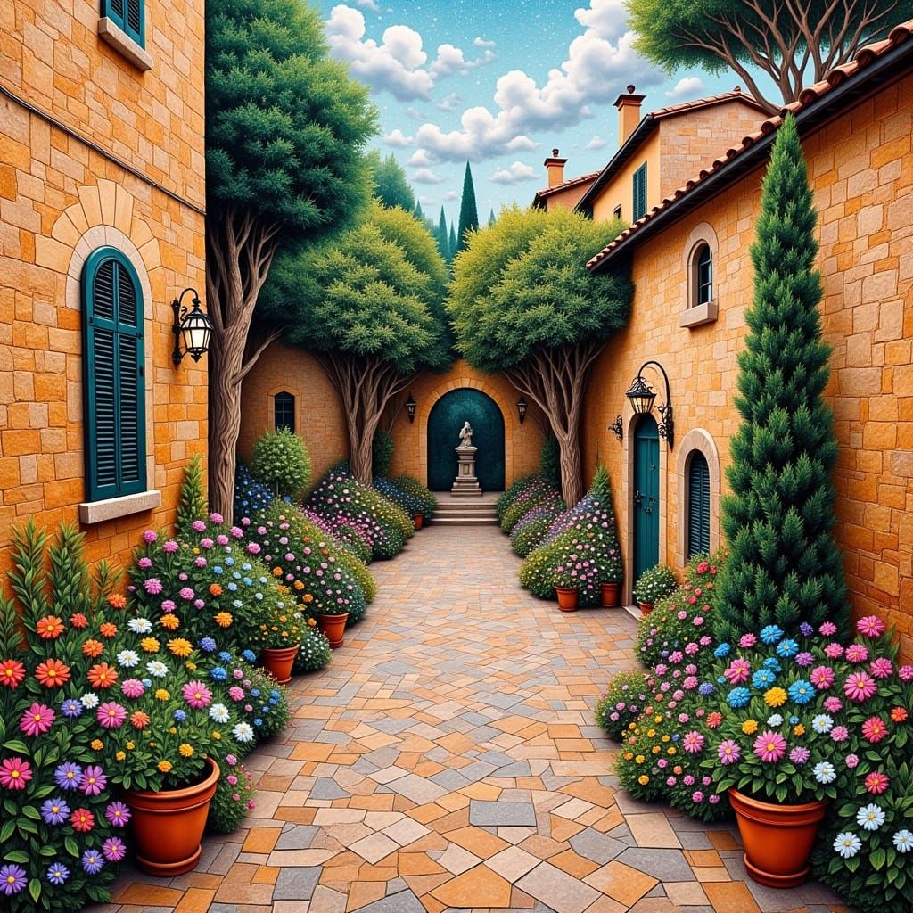 Elegant Italian Courtyard in Abstract Expressionist Style