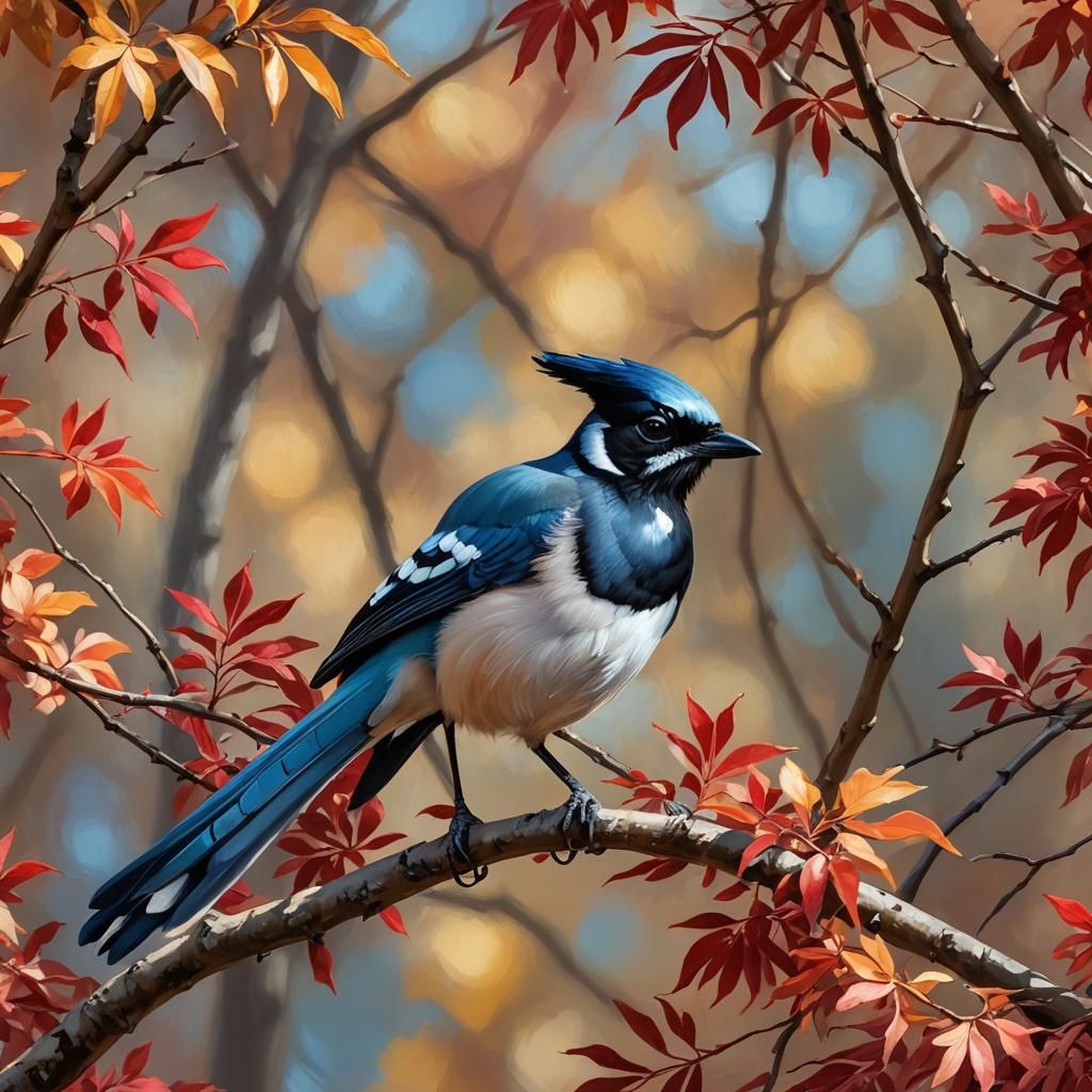 Magpie-Jay in Autumn Tree, Monet-Style Oil Painting