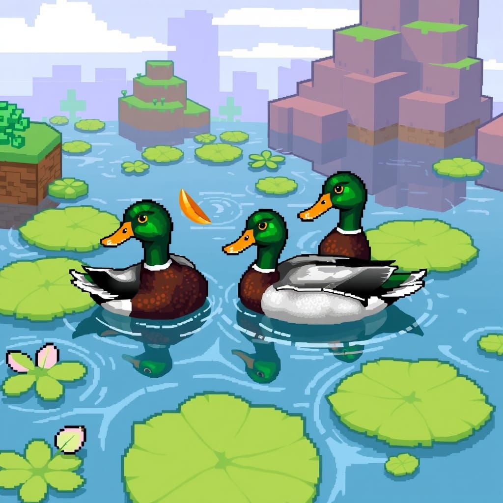Vibrant Mallard Ducks in 8-Bit Crystal Pond