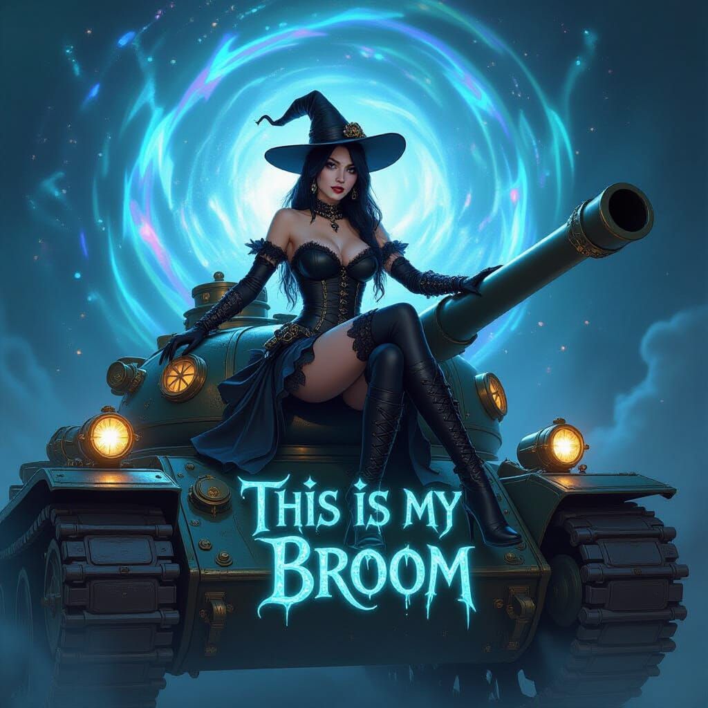 Steampunk Tank Emerges with Goth Witch, Digital Art