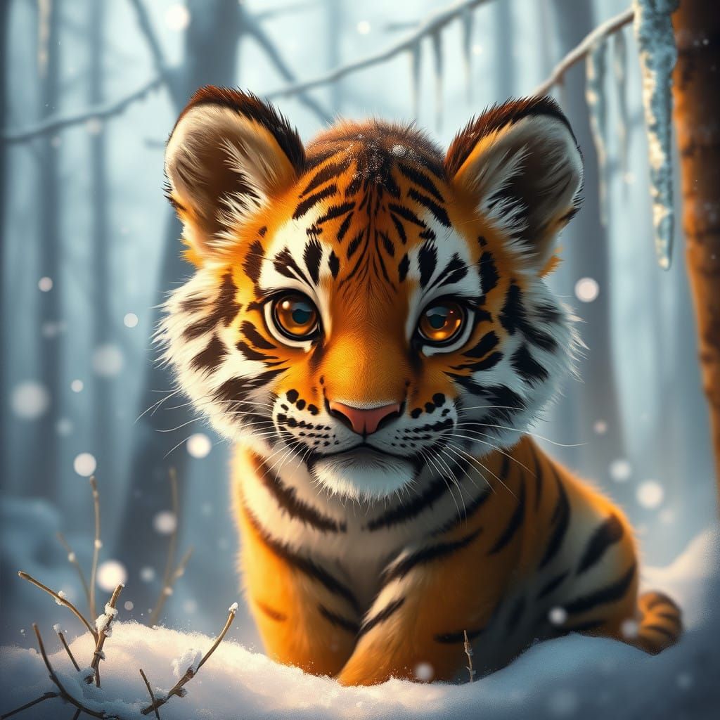 Whimsical Tiger in Snowy Forest