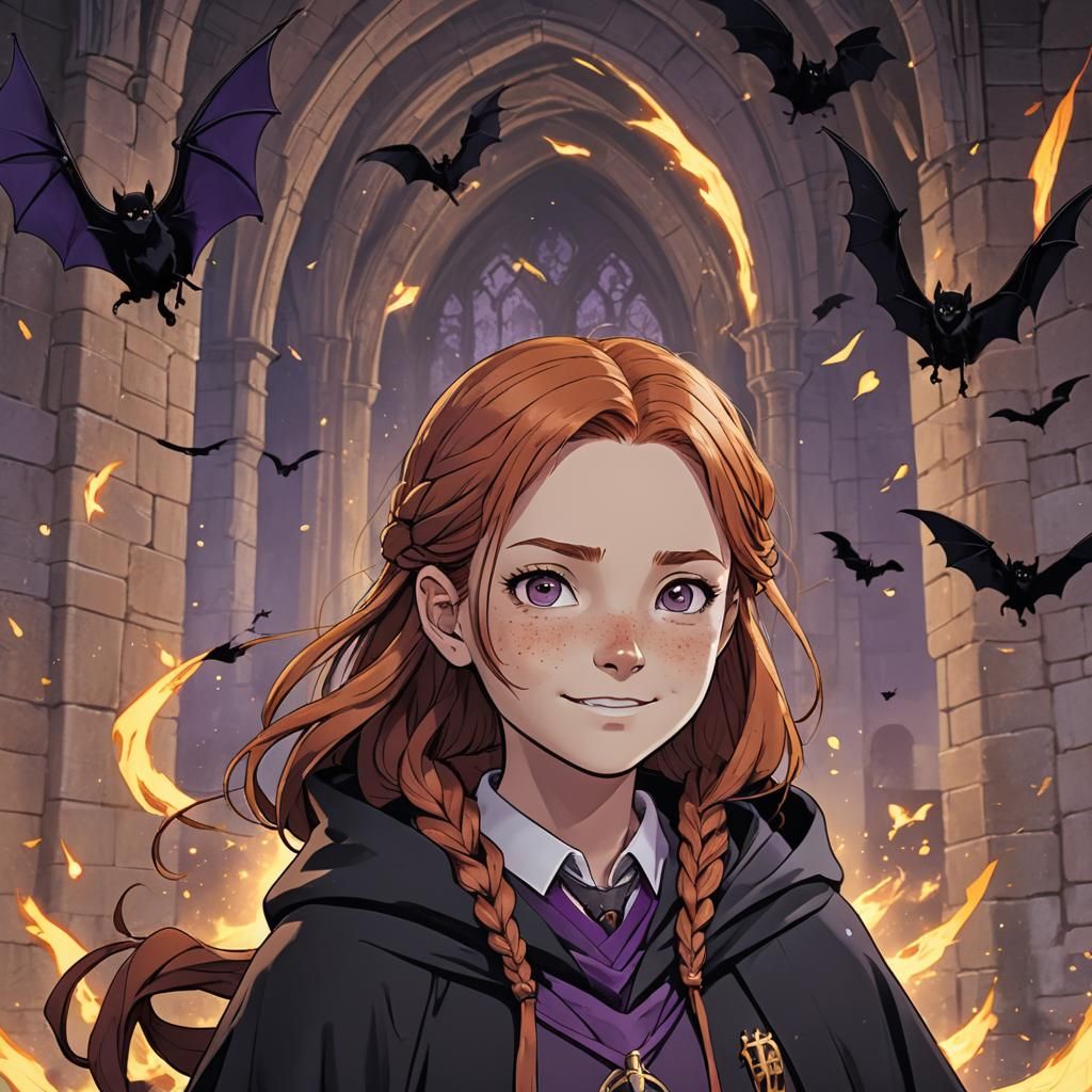 Ginny Weasley with Bats and Purple Magic, Anime Style