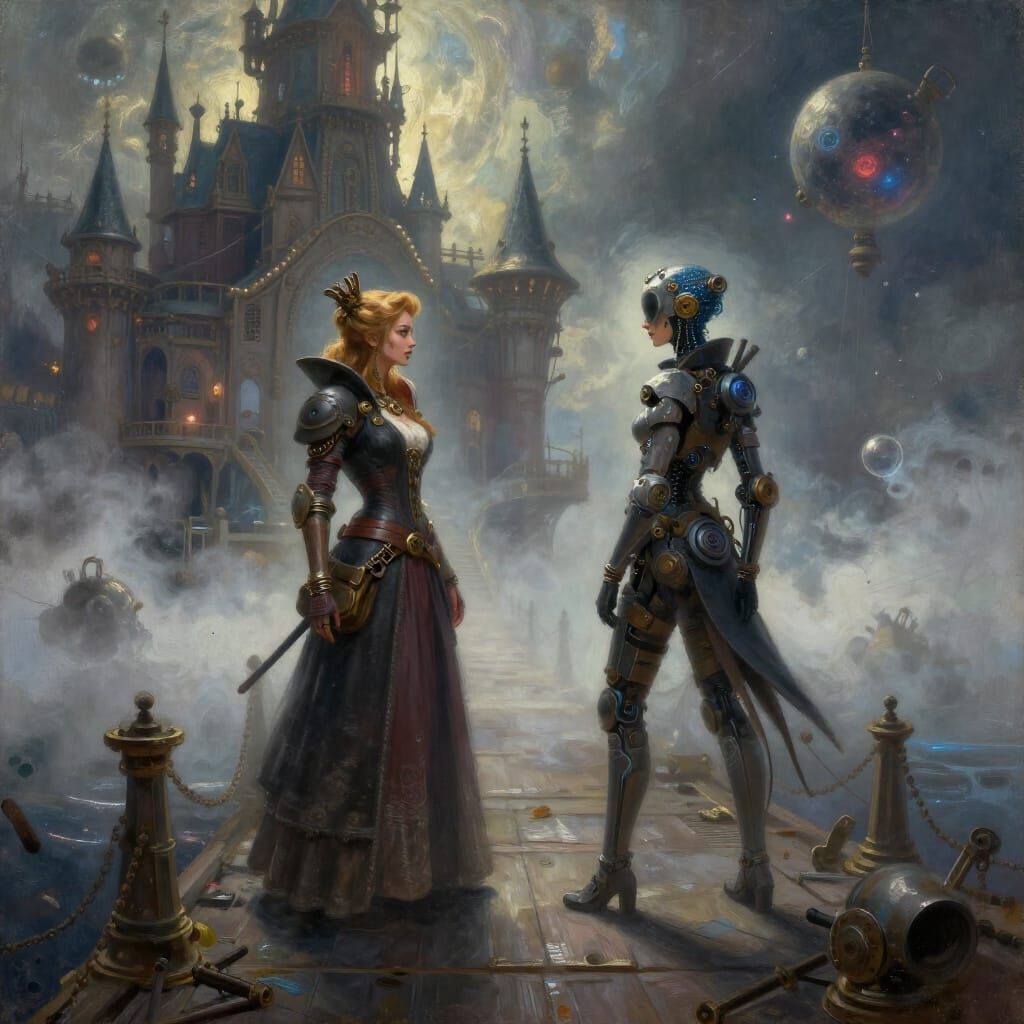Steampunk and Cyberpunk Queens Meet on Cosmic Pier