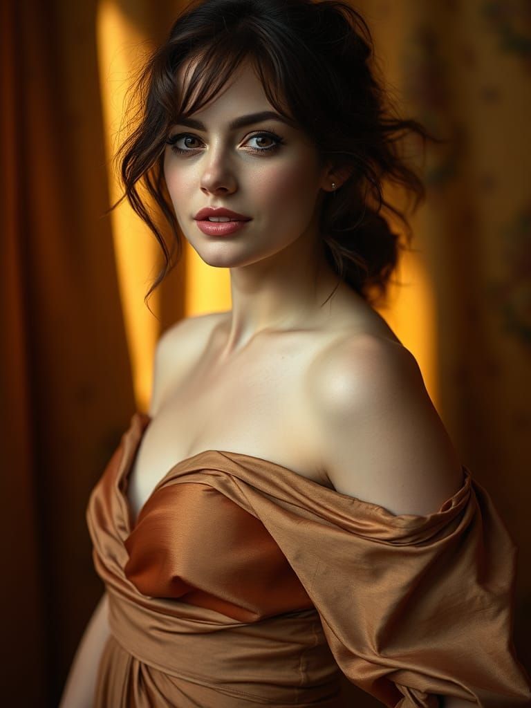 Sensual Woman in Silk Gown, Golden Lighting