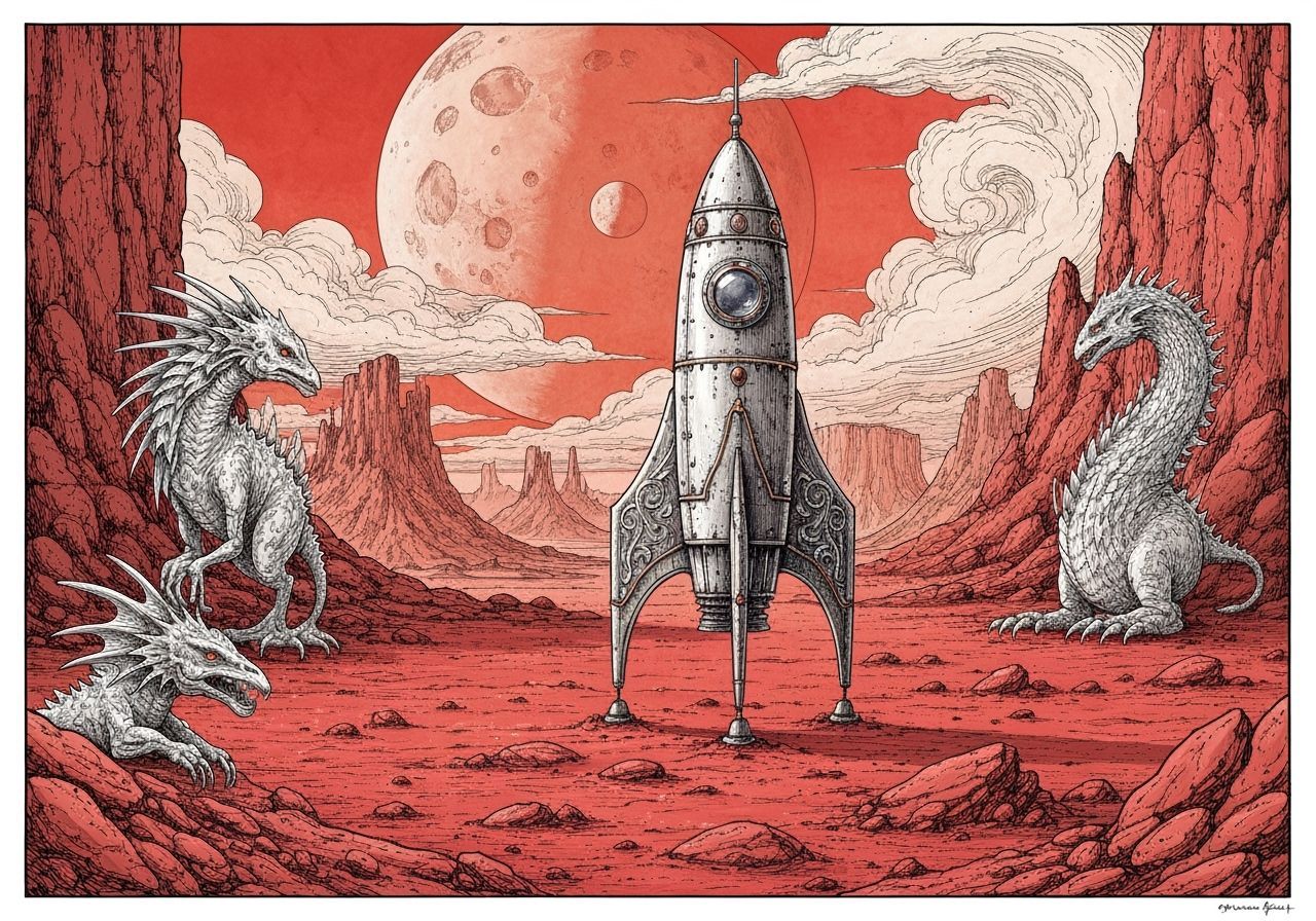 Rocket Ship on Mars: Intricate Ink Illustration