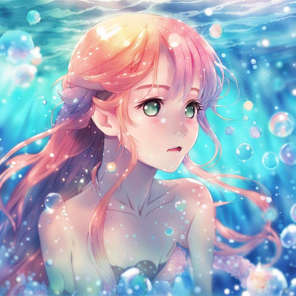 Anime Mermaid Underwater Watercolor Illustration