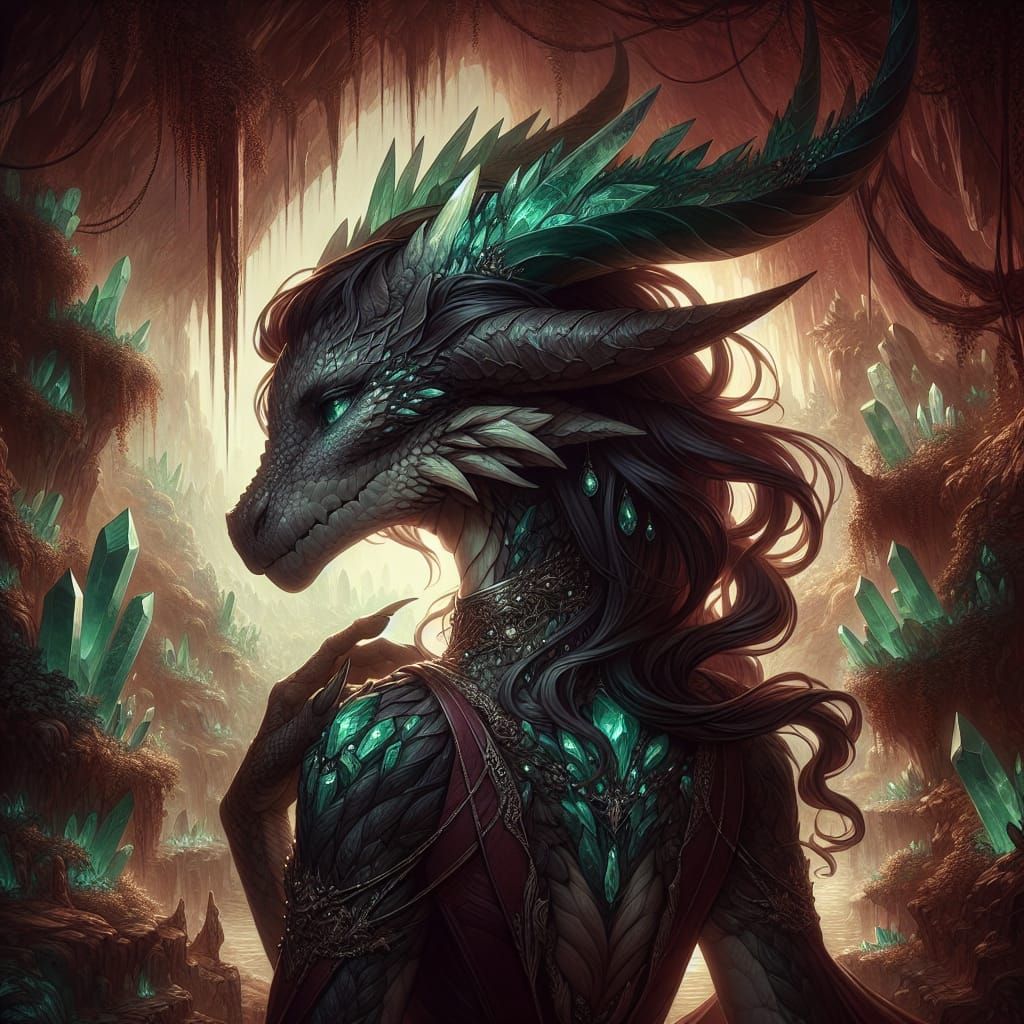 Anthropomorphic Emerald Dragon in Fantasy Forest
