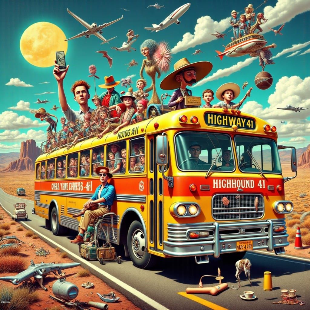 Surreal Journey Down Highway 41 on a Vibrant Greyhound Bus