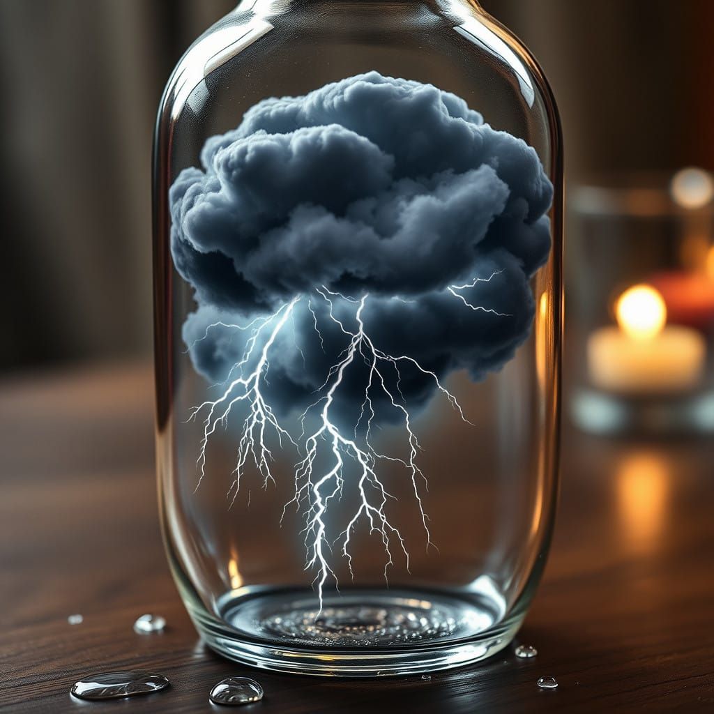 Miniature Storm Cloud Trapped in Glass Bottle in a Cozy Sett...