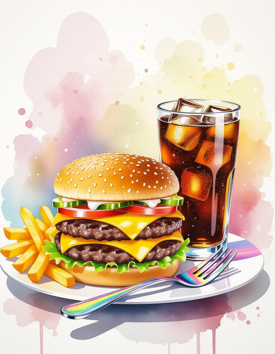 Cheeseburger, Fries, and Cola in Watercolor Splash Art