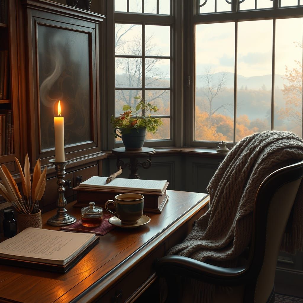 Cozy Antique Writing Desk with Autumn View