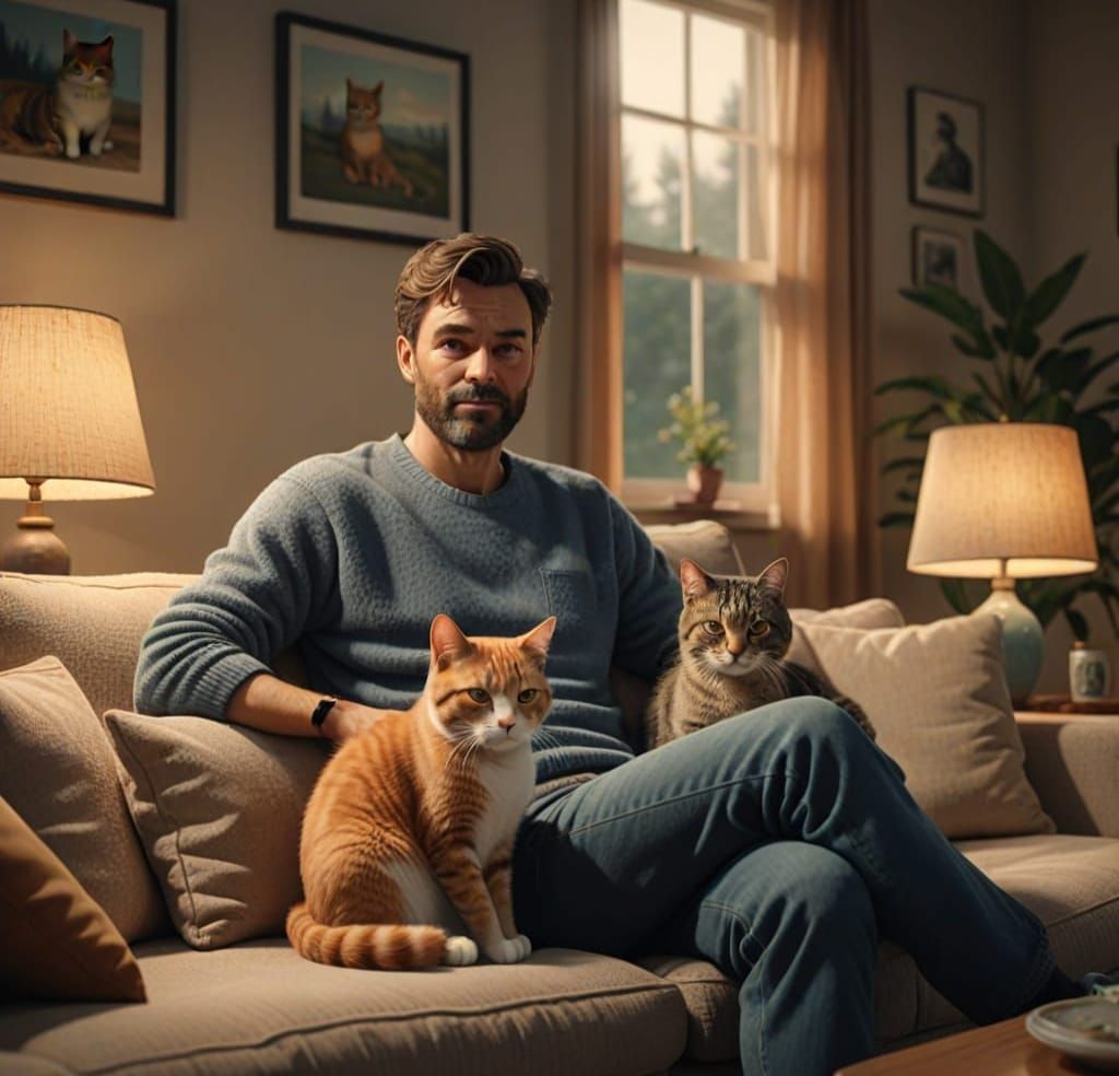 Man and Cartoon Cat Relaxing on Sofa