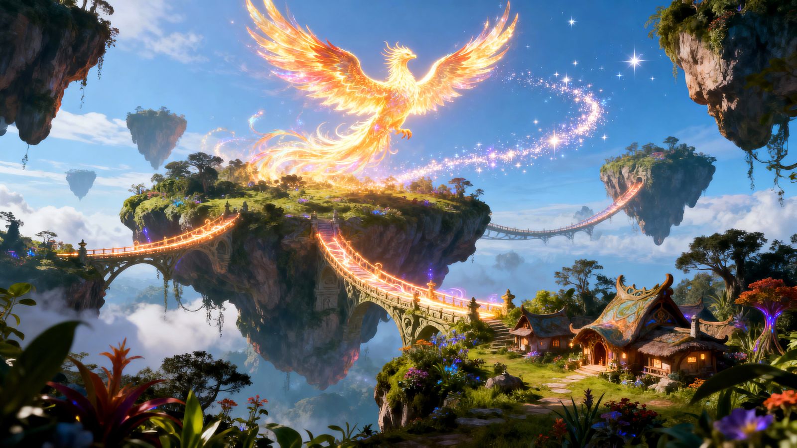Majestic Phoenix Soars Over Floating Islands