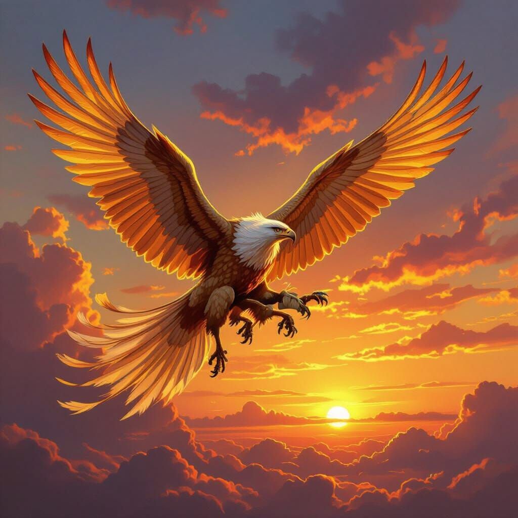 Griffin Soaring at Sunset: A Classical Oil Painting