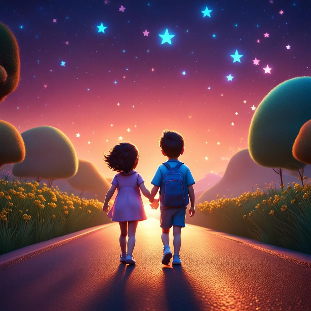 Toddlers Walking Under Starry Sky: 3D Digital Art