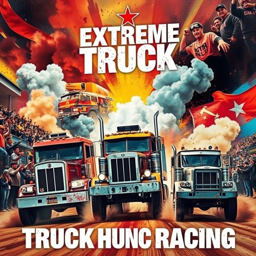 Vibrant Truck Racing Chaos in a Soviet-Style Collage